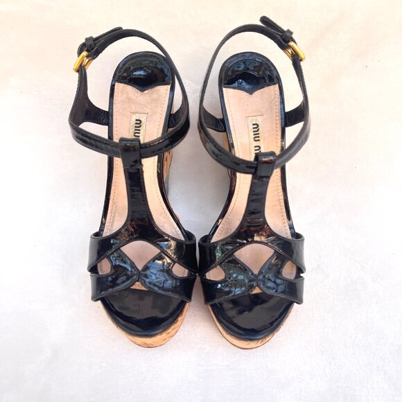 Miu Miu Patent leather T-Strap Cork Black Wedges - Picture 4 of 10